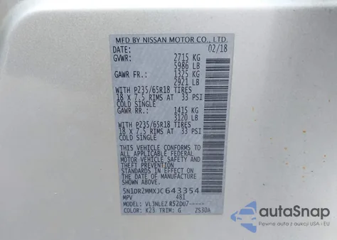 2018 Nissan Pathfinder Sv from USA, damaged, VIN 5N1DR2MMXJC643354